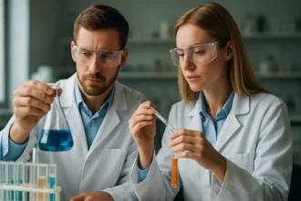 Két kémikus laborban dolgozik különböző folyadékokkal.