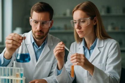 Két kémikus laborban dolgozik különböző folyadékokkal.