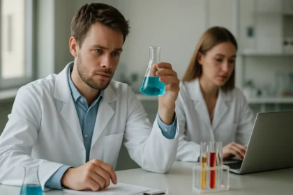 Kémiai reakciót vizsgáló tudós laboratóriumban.