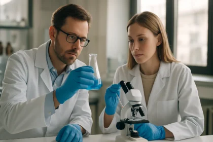 Két tudós laboratóriumban vizsgálja a kálium-glutamátot