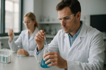 Kémikusok kávépörkölés tudományos elemzése laboratóriumban.