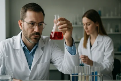 Kémiai kísérlet laboratóriumban, tudósok polipropilén vizsgálat közben.