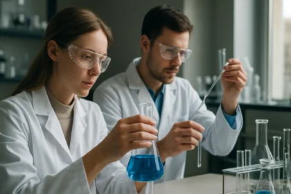 Kémikusok laboratóriumban PPM méréseken dolgoznak.