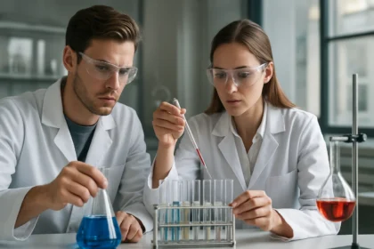 Két tudós laboratóriumban Alfa-terpinen kutatás közben.