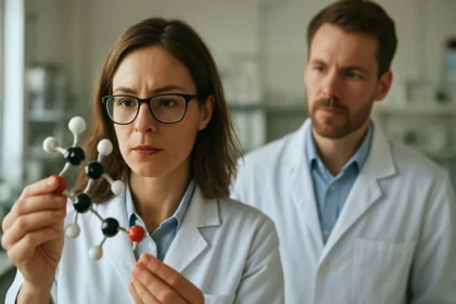 Két tudós egy molekulát vizsgál a laborban