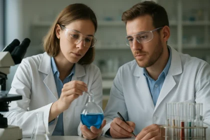 Kémikusok kísérleti munkát végeznek egy laboratóriumban.