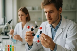 Két kémikus munka közben a laboratóriumban, prekurzorokat vizsgálva.