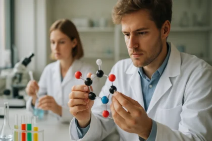 Két kémikus munka közben a laboratóriumban, prekurzorokat vizsgálva.