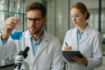 Két tudós laboratóriumban nyomásváltós adszorpcióval foglalkozik.