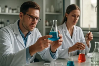 Két tudós kémiai kísérleteket végez a laborban