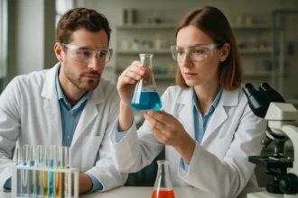 Két kémikus laboratóriumi munkát végez, elsődleges alkoholokkal kapcsolatos kutatás.