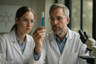 Két tudós alfa-fellandrénnel kísérletezve laboratóriumban