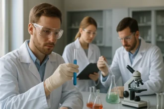 Kutatók laboratóriumban primer aminokkal foglalkozva