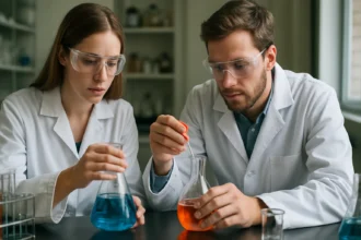 Két tudós laborban kémiai kísérletet végez
