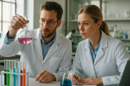 Két kutató egy laboratóriumban, primér szénatom kémiai kísérletet végezve.