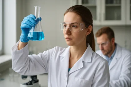 Kémikus laboratóriumban prométium tulajdonságait vizsgálja folyadékban.