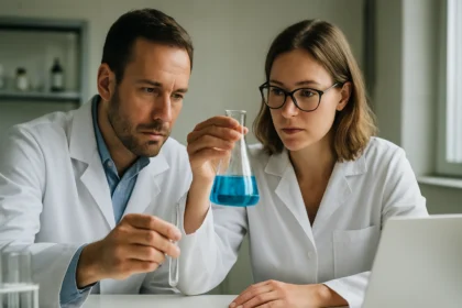 Két kutató kémiai kísérletet végez egy laborban