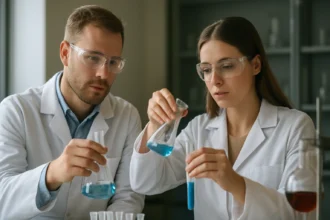 Két tudós laboratóriumban kémiai kísérletet végez