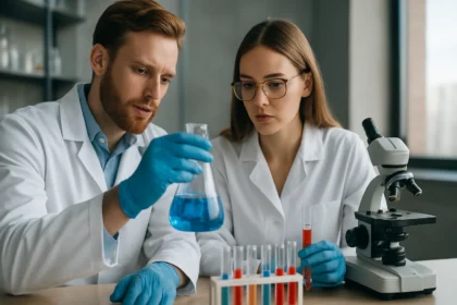 Két kutató kémiai kísérletet végez laboratóriumban.