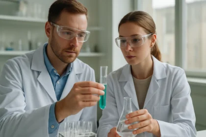 Kémikusok laboratóriumban glicerol kísérletet végeznek.