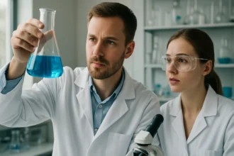 Két tudós laboratóriumban kék folyadékot vizsgál.