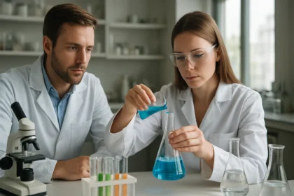 Kémikusok propénal vizsgálata laboratóriumban.