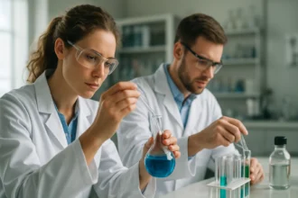 Kémiai kísérletezők ügyes laboratóriumi munkát végeznek