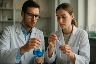 Kémikusok laboratóriumban végzik a 1-propenilcsoport kutatását.