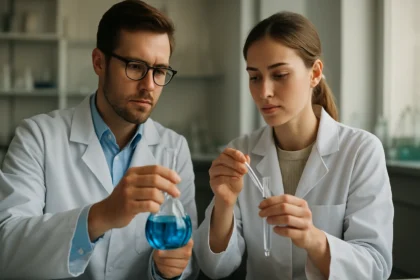 Kémikusok laboratóriumban végzik a 1-propenilcsoport kutatását.