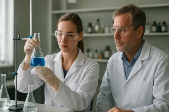 Két tudós laboratóriumban, kék folyadékkal végzett kémiai kísérlet