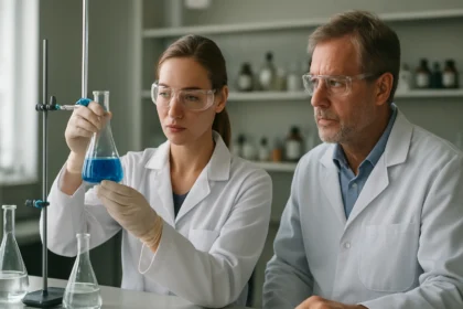 Két tudós laboratóriumban, kék folyadékkal végzett kémiai kísérlet