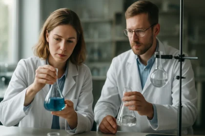 Két kutató laboratóriumi kísérletet végeznek kémiai anyagokkal.