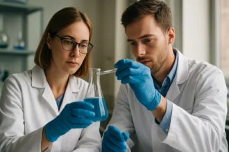 Két vegyész az izopropil-alkohol kémiai elemzésén dolgozik laboratóriumban.