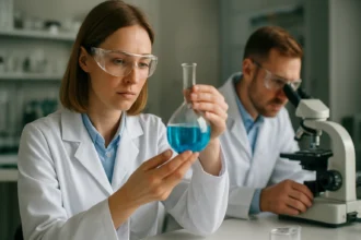 Kémikus laboratóriumban propil-ecetsavat vizsgálnak.