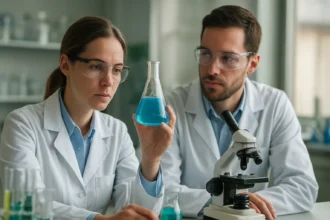 Két kutató laborban propil-gallát vizsgálatát végzi.