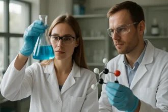 Kémikusok laboratóriumban karvakrol vizsgálat közben.