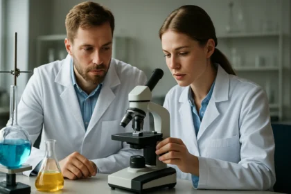 Két kutató laboratóriumban microscoppal elemzi a propilén-glikol-alginátot.