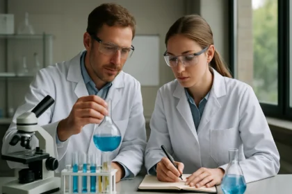 Két vegyész laboratóriumban kék folyadékokkal dolgozik