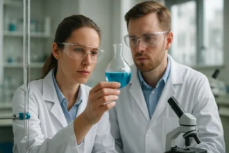 Két tudós laboratóriumban propionsavval végzett kísérletet mutat