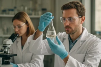 Kémikusok laboratóriumban, analitikai kísérleteket végeznek.