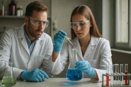 Két tudós laboratóriumi vizsgálatot végez a Proveblue hatóanyagról.