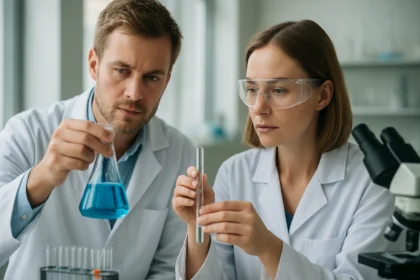 Két tudós laboratóriumban polisztirol kémiai elemzését végzi.