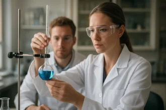 Laboratóriumi kutatás során kémikusok, kék folyadékkal töltött lombik