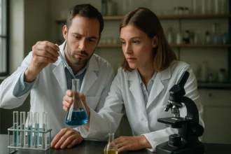 Kémikusok a laboratóriumban pszeudoaromás jelenséget kutatnak.