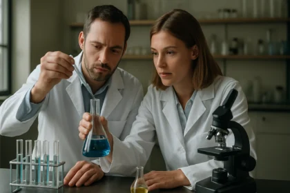 Kémikusok a laboratóriumban pszeudoaromás jelenséget kutatnak.