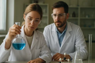 Kémikusok kísérletet végeznek PTFE anyaggal laboratóriumban