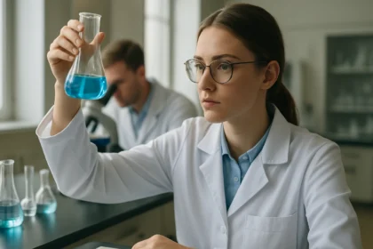 Női kutató pufferoldatot vizsgál laboratóriumban