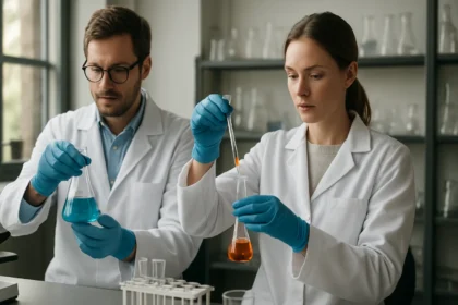 Két kutató mikrokémiai kísérletet végez egy laborban.