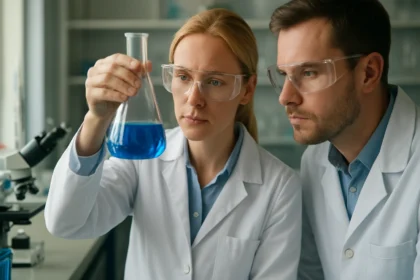 Laboratóriumi tudósok PVP oldatot vizsgálnak kémiai kutatás során.