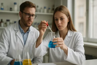 Kutatók elemzik a kinolinsárga élelmiszer-színezéket laboratóriumban.